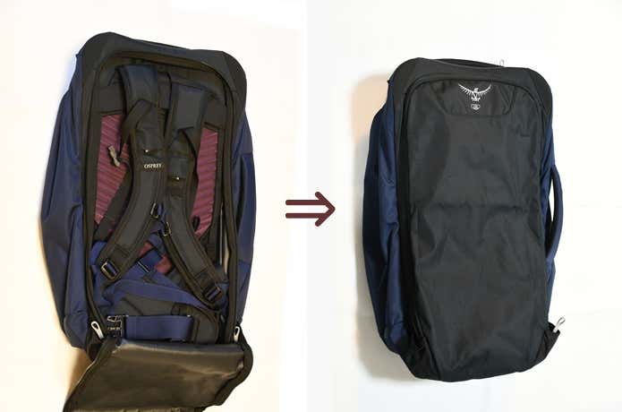 オスプレーのバックパック「フェアビュー55トラベルパック」の背面ハーネスを、すっきり収納している場面