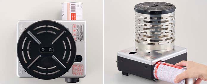 （左）カセットガス装着時の上面図、（右）カセットガス差し込み口