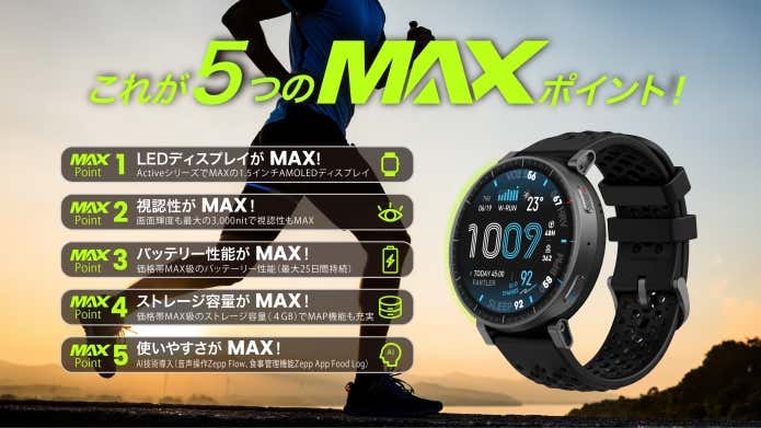 Amazfit Active Max「5つのMAXポイント」