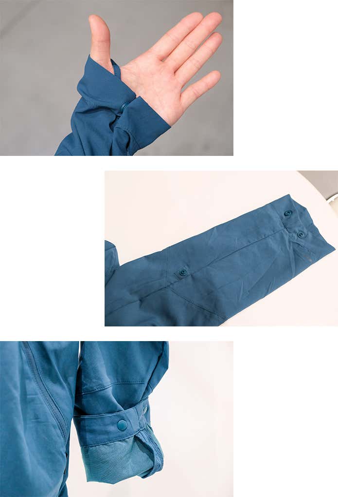 長めの袖とサムループ、袖をロールアップする用のスナップボタン