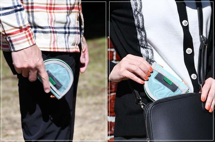 左:C&C.P.H.EQUIPEMENTのミニ財布を手に持って立っている男性
右:C&C.P.H.EQUIPEMENTのミニ財布をかばんから取り出しているフェミニンな服装をした女性