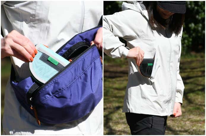 左:C&C.P.H.EQUIPEMENTのミニ財布をウエストポーチから取り出しているところ
右:C&C.P.H.EQUIPEMENTのミニ財布を登山用レインジャケットのポケットから取り出しているところ