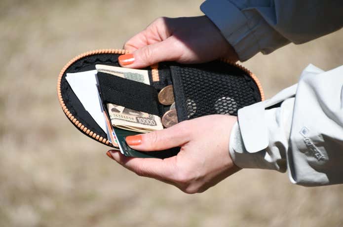 ミニ財布を開いた時に、内側のポケットからコインが落ちそうになっている場面