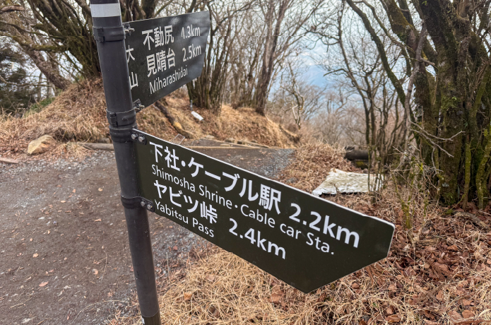 不動尻・見晴台方面、下社・ケーブル駅・ヤビツ峠方面を示す分岐