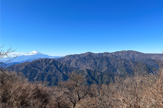 丹沢の山々とその奥にそびえる富士山
