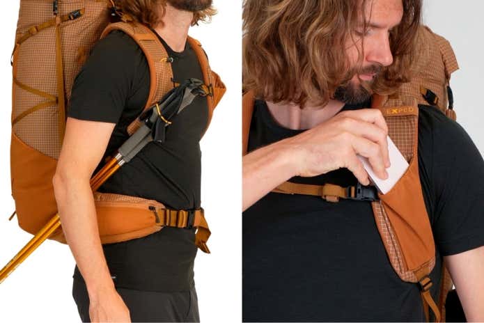 ▲ショルダー機能を強化。ポール固定ストラップとメッシュポケットを追加し、行動中の操作性とアクセス性を向上