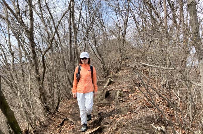 フーディニ・ジャケットを着て山を歩く人