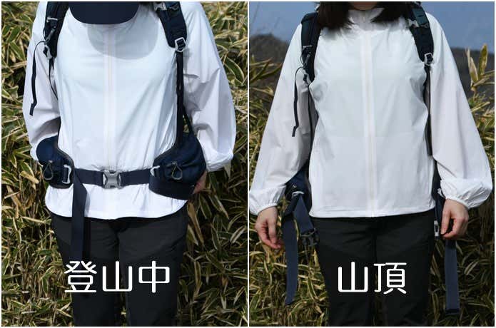 ユニクロ「ポケッタブルUVカットパーカ/NANODESIGN」を着用し、左：ウエストベルト装着中のシワ 
右：外した後のシワが目立たない状態）