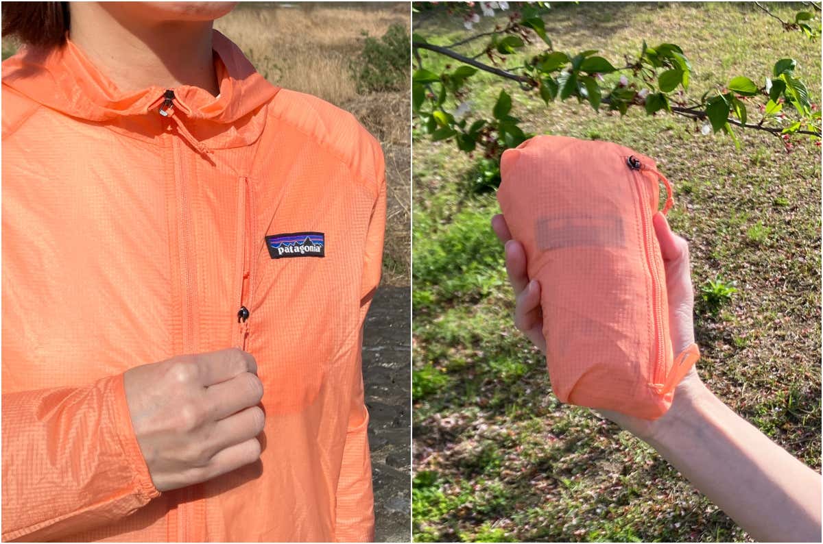 フーディニ・ジャケットのポケットと収納した様子