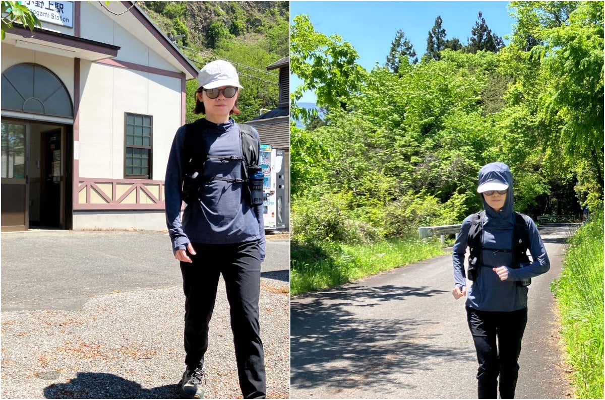 キャプリーン・クール・ウルトラを着て車道を歩く女性