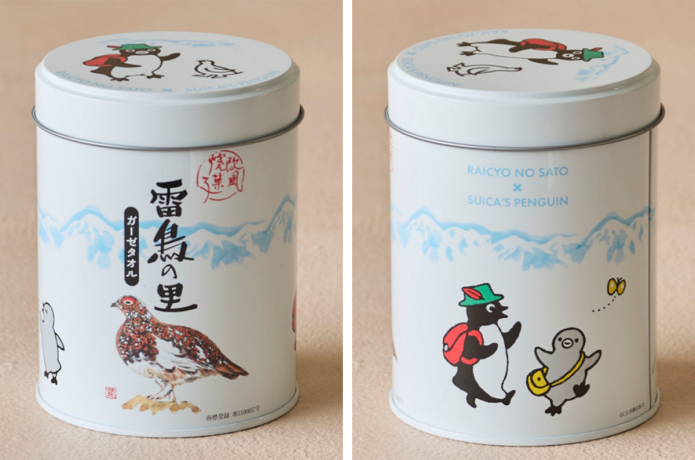 Suicaのペンギン×雷鳥の里ガーゼタオル缶のデザイン