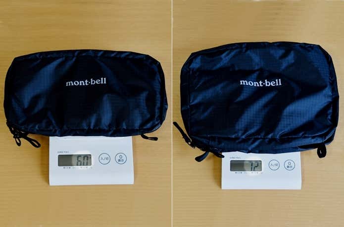 モンベルのトラベルキットパックのM・Lサイズをそれぞれ軽量しているところ　左：Mサイズ60g　右：Lサイズ72g