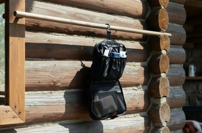 トラベルキットパックを山小屋のポールにひっかけて吊るしているところ