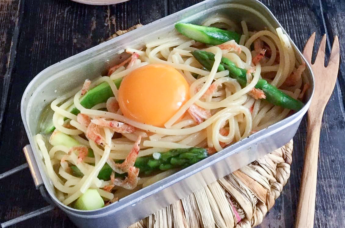 メスティンレシピ / 桜海老とアスパラの和風パスタ