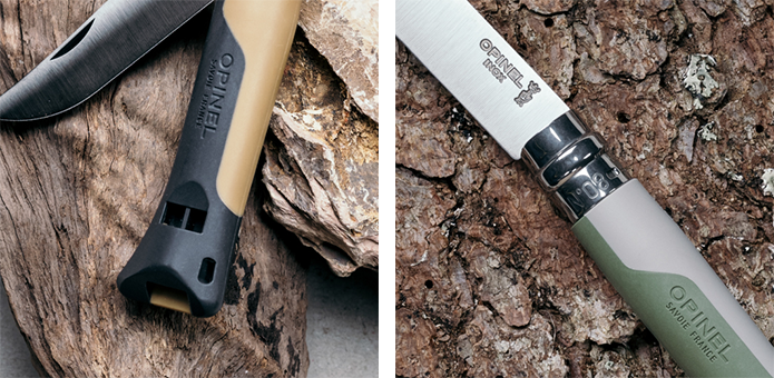 左： 緊急時に役立つホイッスル、ランヤードホール、右：OPINEL独自の安全ロック機構「ビロブロック®」