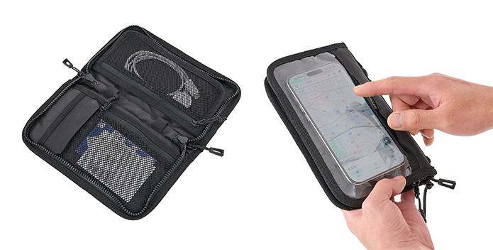 左:小物やパスポートなどを仕分けできるスマートな収納、右:背面はチケットやスマート
フォンを収納したままでも確認できるクリアポケット