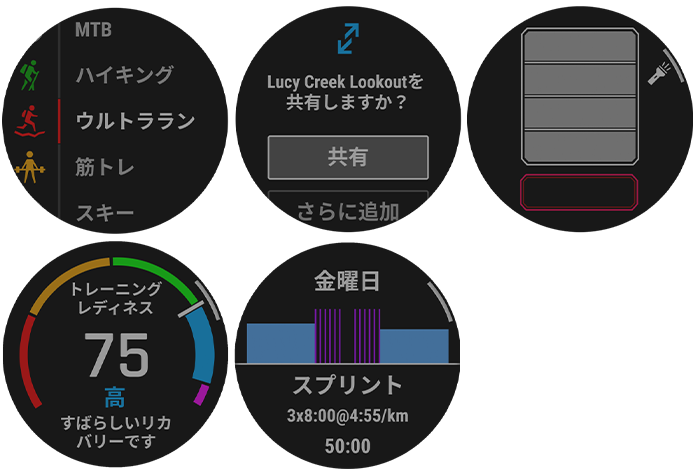 アクティビティ一覧、Garminシェア、LEDフラッシュライト、トレーニングレディネス、おすすめワークアウト